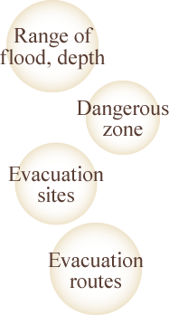 Range of flood, depth,Dangerous zone,Evacuation sites,Evacuation routes